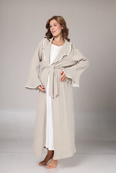 Pelin Kadın Bej Biyeli Dantel Detaylı Lohusa Hamile Gecelik Sabahlık Takım