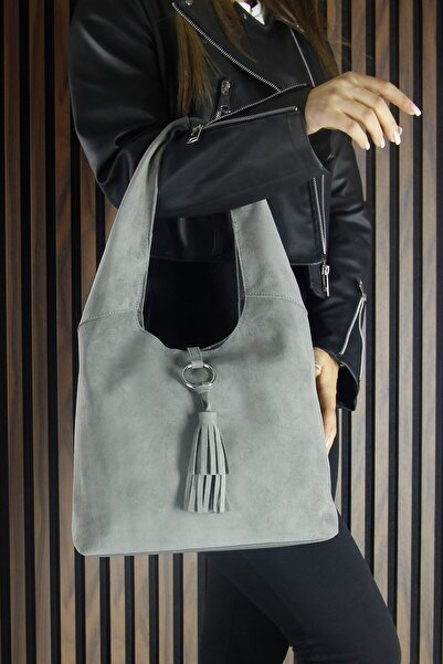 Erkan Saçmacı Gray Genuine Calf Suede Tasseled Magnetic Closure Medium Size Daily Shoulder Bag