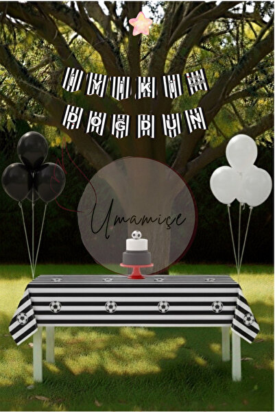Umamiçe Black and White Mini Party Set – Tablecloth + Banner + 5 Metallic Bla...