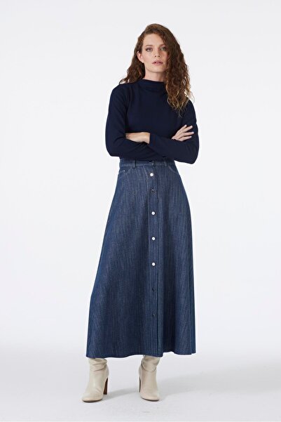 Zühre Button Detailed Navy Blue Skirt Etk-0201