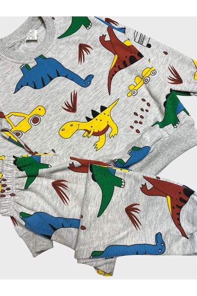 ALİŞ KİDS Boys' Cotton Fleece-Lined Gray Dinosaur Car Patterned Long Sleeve Winter Pajamas Set