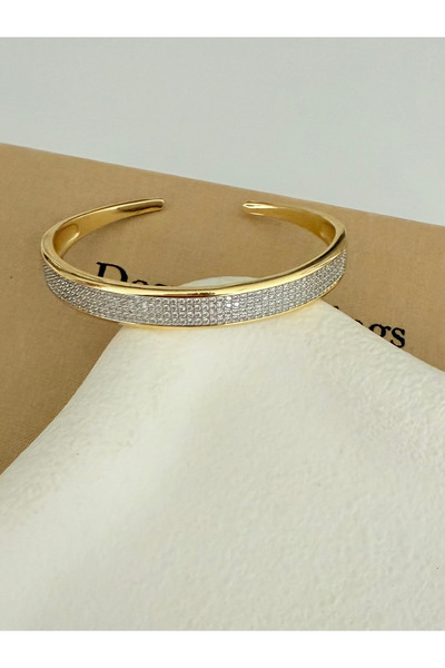 Joie Lüks Akseuar 14 Ayar Altın Kaplama Çelik Açık Kelepçe Bilezik Zirkon Taşlı