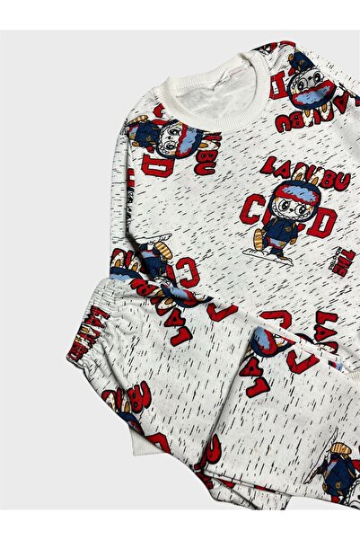 ALİŞ KİDS Boys' Cotton Fleece-Lined White Labubu Patterned Long Sleeve Winter Pajama Set