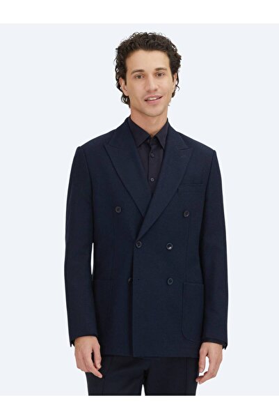 Kip Navy Blue Plain Modern Fit Wool Blend Jacket
