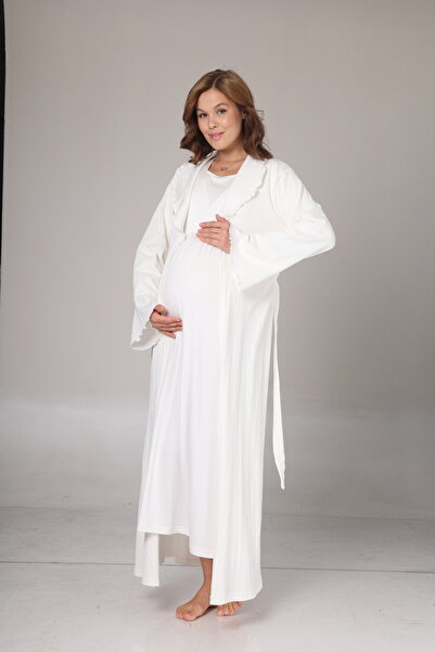LOHOUSE Kadın Ekru Jakarlı Uzun Kol Özel Tasarım Lohusa Hamile Gecelik Sabahl...