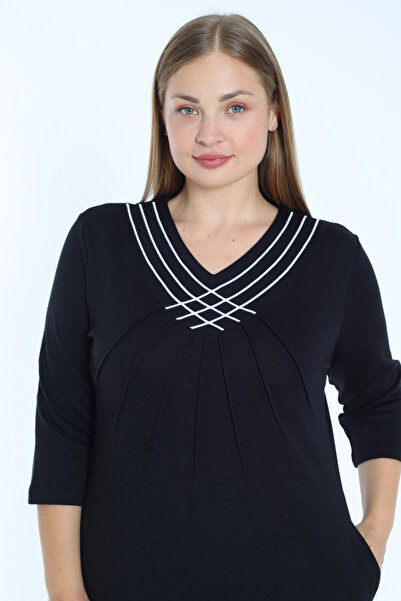 İntensive Siyah Şerit Detaylı Cepli Truvakar Kollu Pamuklu İnterlok V Yaka Kadın Büyük Beden Elbise