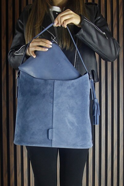 Erkan Saçmacı Синя натуральна шкіра, замша, з китицями, магнітна кришка, велика щоденна сумка через плече та ручна сумка