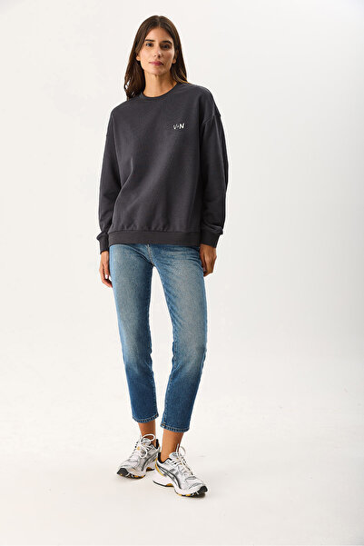 VENA Women's Good Wibes Printed Sweatshirt 100% Cotton - Anthracite