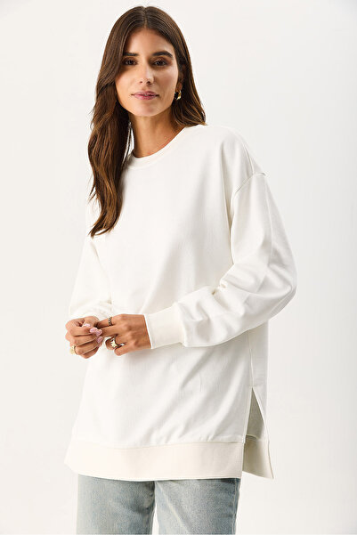 VENA Women's Crew Neck Side Slit Regular Fit 3 Thread Sweatshirt 100% Cotton - Ivory