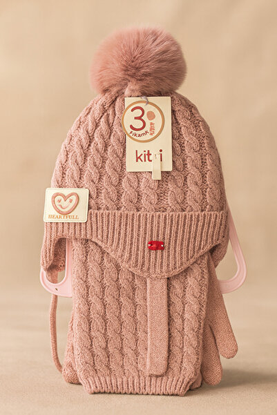 Uğur bebe Kitti 4-8 Years Old Fleece-Lined Powder Color Hat Scarf Gloves 3-Piece Set Soft and Warm