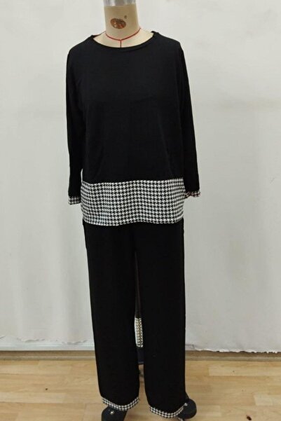 Mossta Houndstooth Detailed Viscose Two Thread Blouse Two Piece Set - Black