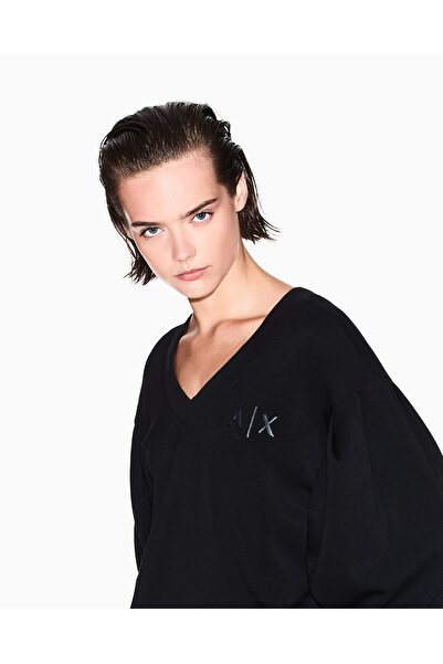 Armani Exchange Women's Comfortable Fit V-Neck Ax Logo Embossed Long Sleeve Black Sweatshirt Xw000972 Af16111-Uc001