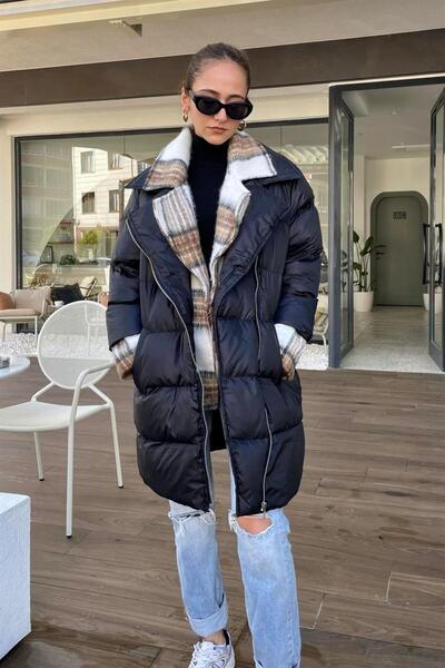Siyah Tasarım Uzun Şişme Mont