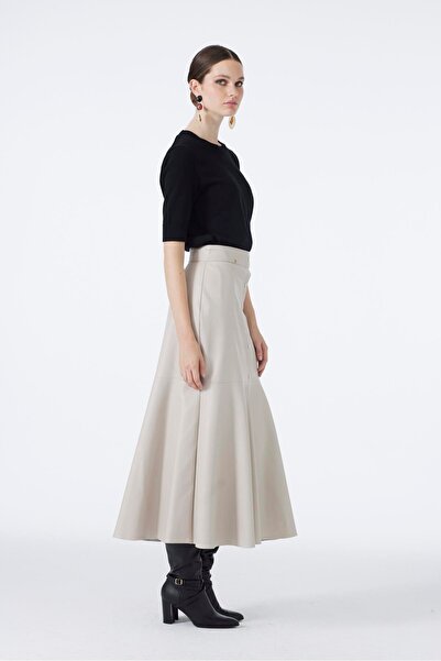 Zühre Button Look Stone Leather Skirt Etk-0194