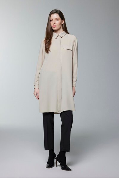 Zühre Beige Tunic with Pocket Flap Detail and Hidden Buttons T-1427