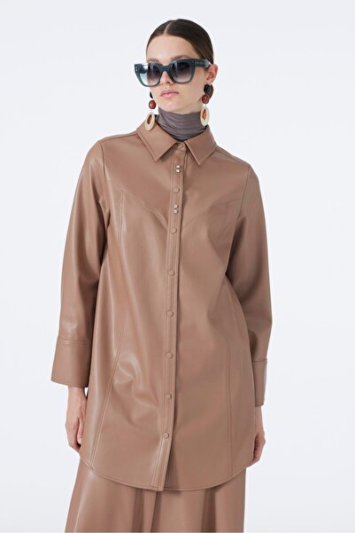Zühre Camel Leather Tunic with Shirt Collar Accessory Detail T-1598