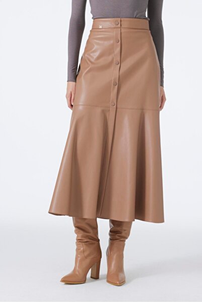 Zühre Button Look Camel Leather Skirt Etk-0194