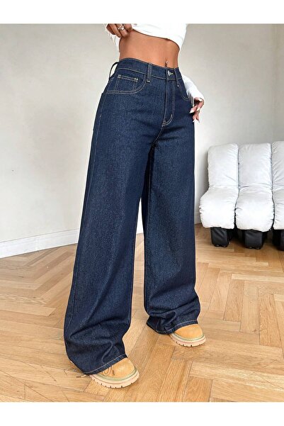 SİNGBADA Dark Blue Yüksek Bel Geniş Paça Bol Kesim Petite Kot Pantolon Kadın Jean