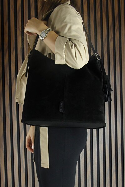 Erkan Saçmacı Black Genuine Cowhide Suede Tassel Magnetic Closure Large Size Casual Shoulder Bag and Handbag
