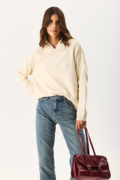 VENA Women's Angelica Hooded Regular Fit Knitwear Sweater - Bone