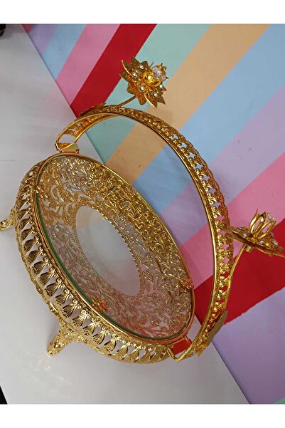 DEKOR ZÜCCACİYE HOME Gold Metal Oval Candy Dish with Glass Lid and Handle on Top