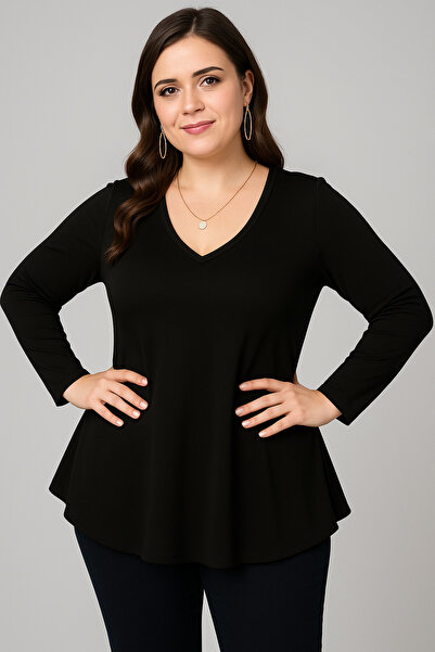 Curvy Trend Plus Size V-Neck Long Sleeve Wide Hem Blouse