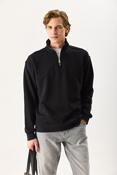 VENA Hanorac pentru bărbați Bruce guler ridicat cu jumătate de fermoar tricou bumbac 100% - negru