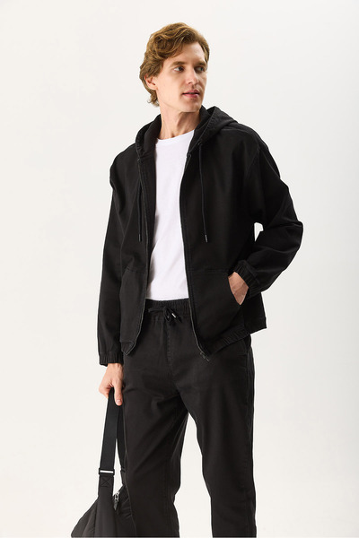 VENA Ανδρικό τζιν μπουφάν David Black με κουκούλα με φερμουάρ μπροστά - Μαύρο