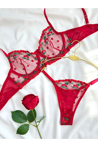 kiari Red Cherry Pattern Underwire Cupless Bra Thong Brode Lingerie Set