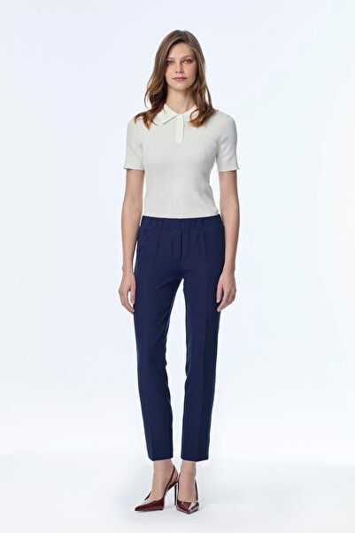 Zühre Navy Blue Fabric Trousers with Elastic Waist and Skinny Legs P-0148