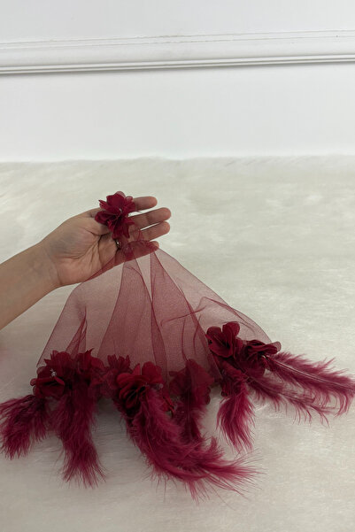 AZREN STORE Bordo Gelin Damat Halay Mendili, Üç Boyutlu Lazer Çiçek Ve Tüy Sü...