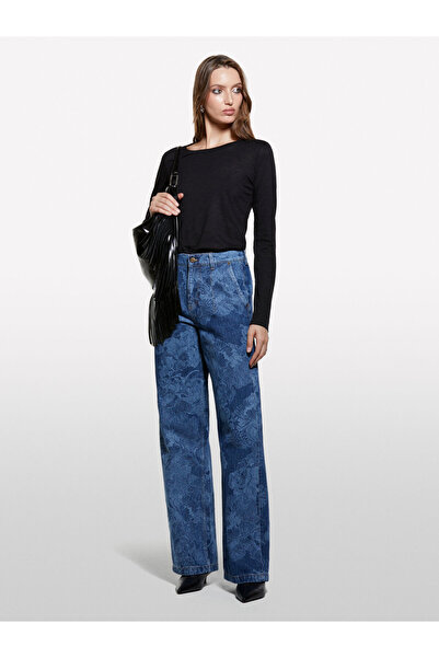 Sisley Pantaloni de damă bumbac 100% cu imprimeu cu talie normală croi relaxat din denim 325A4W9KLF07L-SIS902