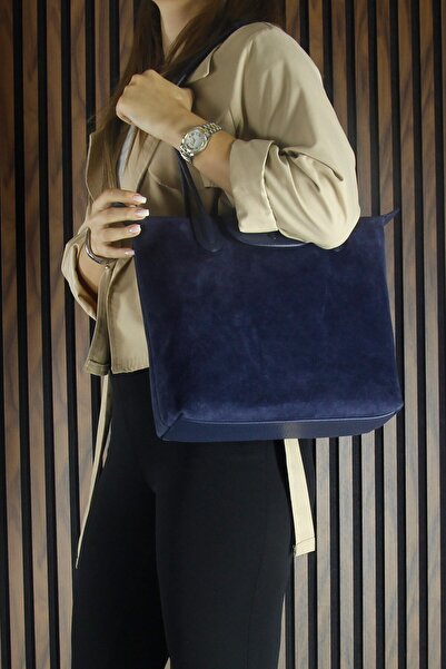 Erkan Saçmacı Navy Blue Genuine Cowhide Suede Zippered Magnetic Closure Large Size Daily Shoulder Bag