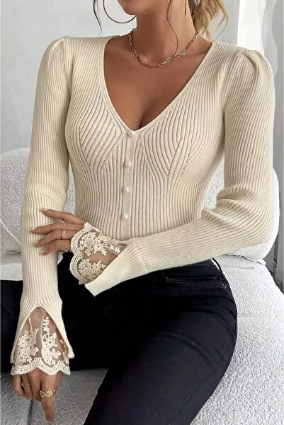 Genel Markalar Kol Güpür Detaylı V Yaka Triko Bluz
