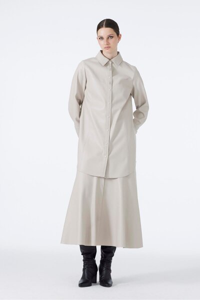 Zühre Stone Leather Tunic with Shirt Collar Accessory Detail T-1598