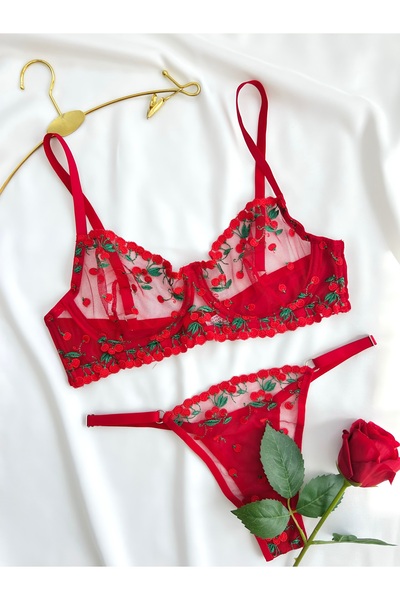 kiari Red Cherry Pattern Underwire Cupless Bra Thong Brode Lingerie Set