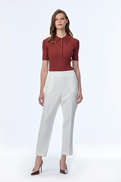 Zühre Buy Elastic Waist Cigarette Ecru Pants P-0199