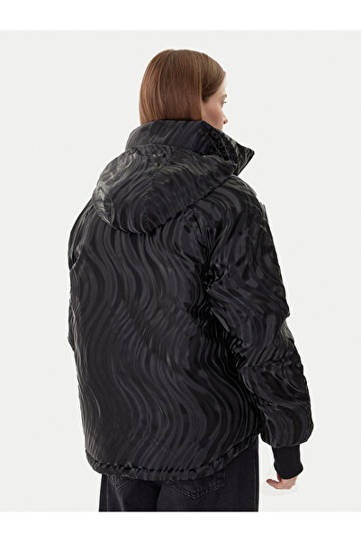 Armani Exchange Women Patterned Regular Fit Removable Hooded Long Sleeve Mock Neck Black Coat Xw000690 Af16211-Fc10