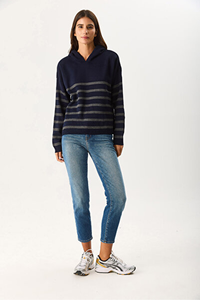 VENA Women's Angelica Hooded Striped Regular Fit Knit Sweater - Navy Blue - Anthracite Striped