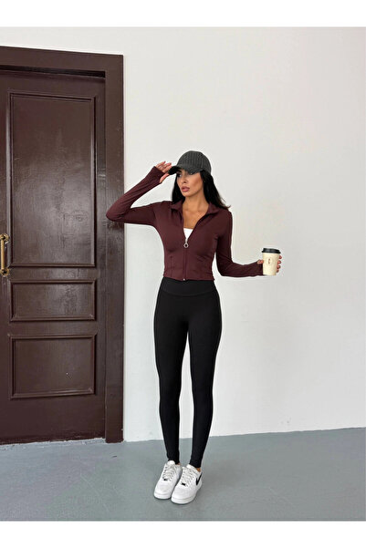 hazelin Women's Brown Diver Fabric Zipper Closure Finger Loop Sweatshirt Hzl25W-Fry123441