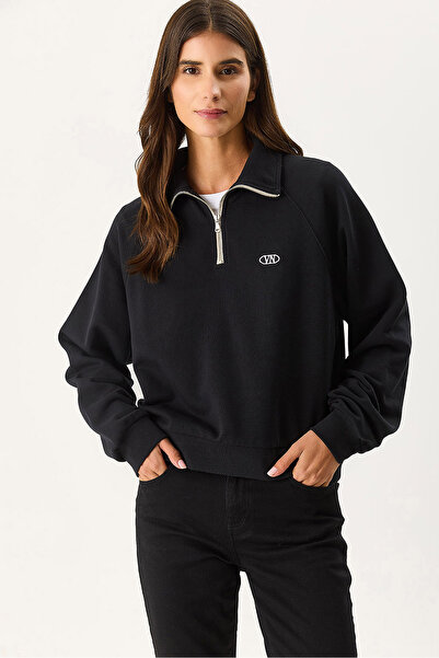 VENA Γυναικείο φούτερ με λεπτομέρεια με φερμουάρ Eliza Contrast 100% βαμβάκι - Μαύρο