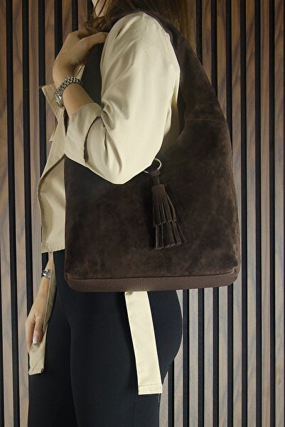 Erkan Saçmacı Brown Genuine Cowhide Suede Tasseled Magnetic Closure Medium Size Casual Shoulder Bag