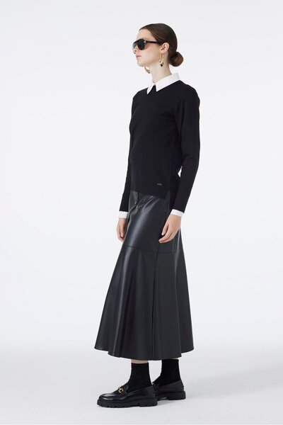 Zühre Button Look Black Leather Skirt Etk-0194