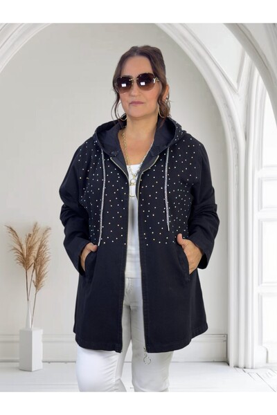 yagmurberen Hooded Denim Jeans Jacket in Extra Battal Large Size with Stone Embellishment Detail.