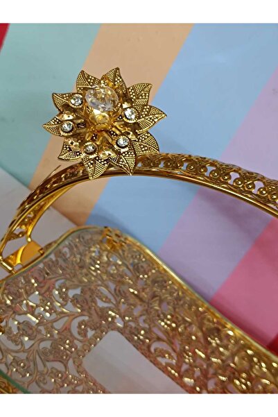 DEKOR ZÜCCACİYE HOME Gold Metal Top with Glass Handle Rectangular Candy Dish Presentation Plate