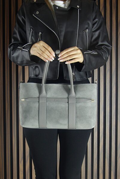 Erkan Saçmacı Gray Genuine Calf Suede Zippered Three-Compartment Inner Pocket Medium Size Daily Shoulder Bag with Strap