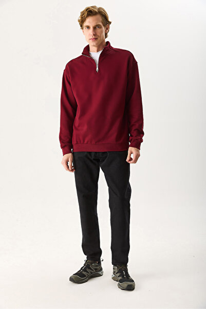 VENA Hanorac pentru bărbați Bruce guler ridicat cu jumătate de fermoar tricou bumbac 100% - Roșu Claret