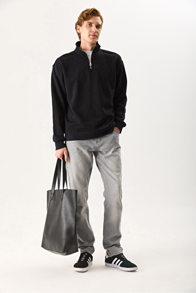 VENA Hanorac pentru bărbați Bruce guler ridicat cu jumătate de fermoar tricou bumbac 100% - negru