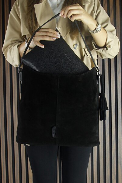 Erkan Saçmacı Black Genuine Cowhide Suede Tassel Magnetic Closure Large Size Casual Shoulder Bag and Handbag