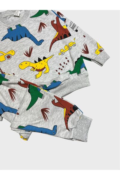 ALİŞ KİDS Boys' Cotton Fleece-Lined Gray Dinosaur Car Patterned Long Sleeve Winter Pajamas Set